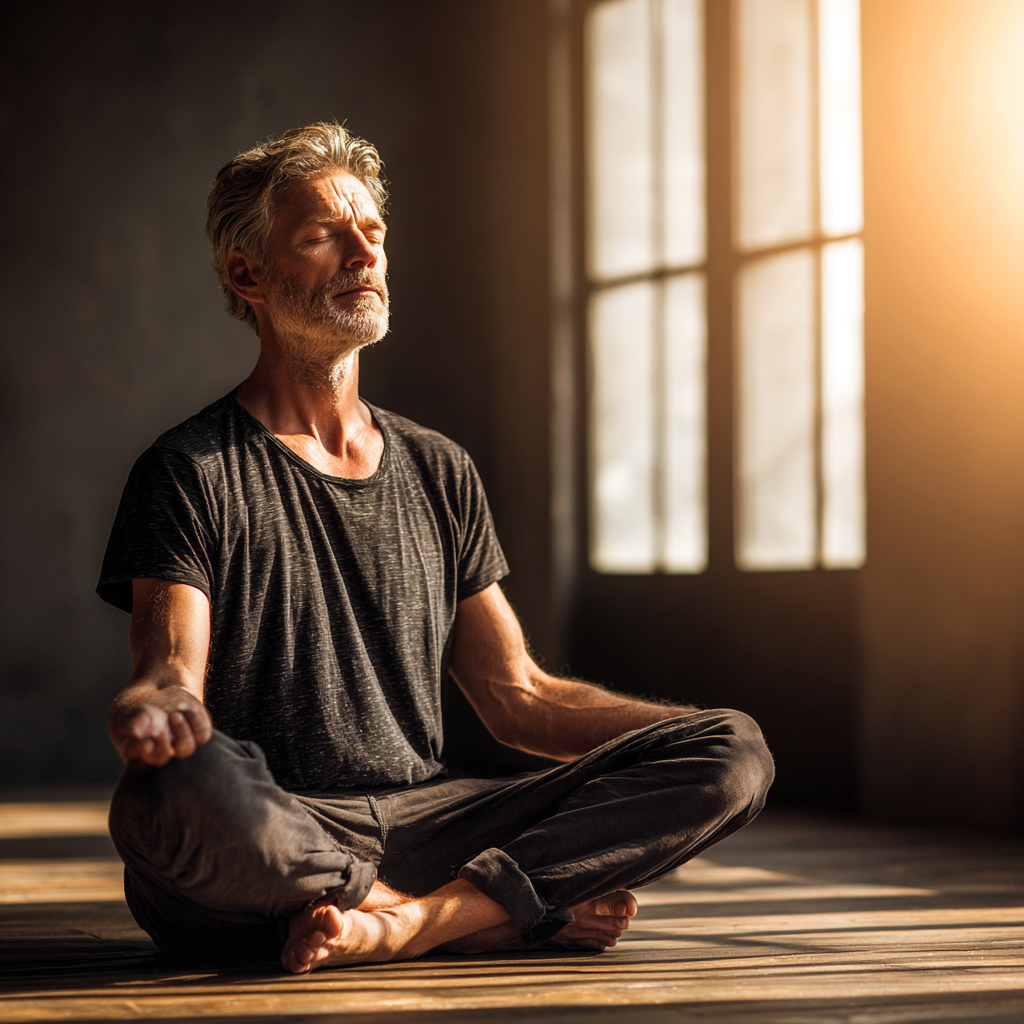 Чоловік 52 років медитує в позі лотоса в затишній студії йоги з природним освітленням