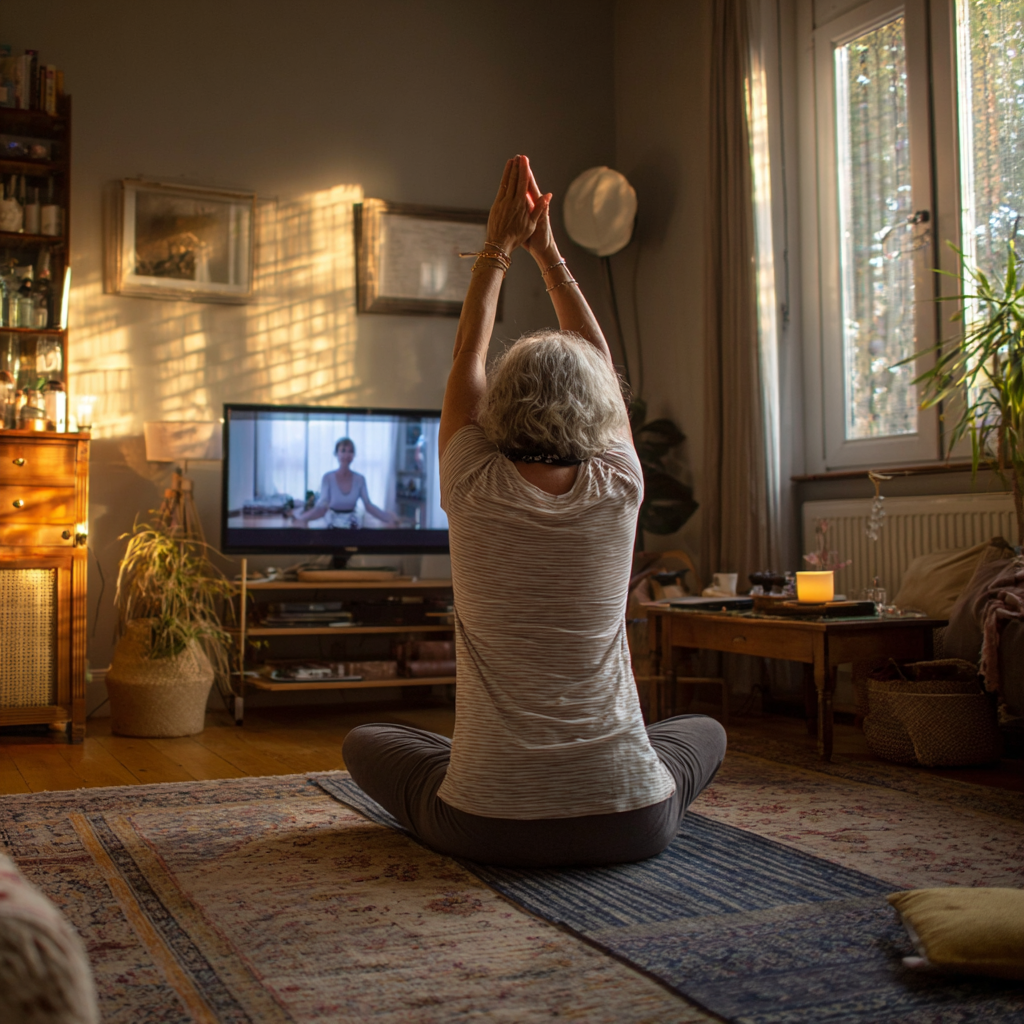 Жінка 58 років практикує йогу вдома перед екраном з онлайн-заняттям, у затишній вітальні