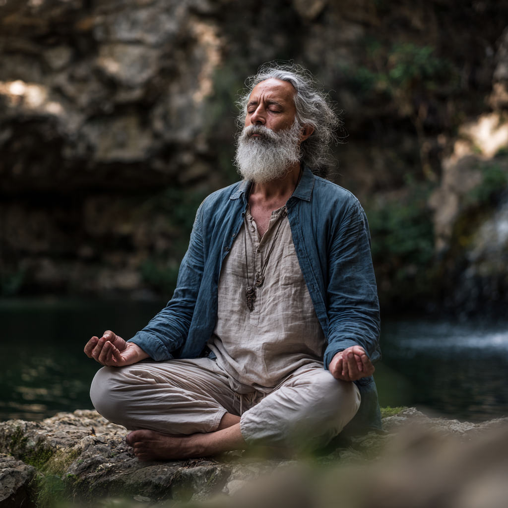 Чоловік 60 років сидить в медитативній позі на природі біля струмка, демонструє спокій та зосередженість